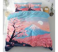 Sobhdga Fleurs de Cerisier Mont Fuji Housse de Couette 140x200, Style Japonais Natural Scenery Parure de Lit Réversible 1 Personne en Microfibre Douce avec Fermeture Éclair avec 1 Taie d'oreiller