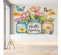 Sobhdga Floral Fleurs Papillon Bouteille Papier Peint Adhesif Mural, Printemps Pastoral Papier Adhesif pour Meuble, Revêtement Mural Décoratif Impermeable, Pour Cuisine Salle de Bains, 100x100