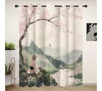 Sobhdga Lot de 2 Rideaux Peinture de Paysage Fleurs de Cerisier, Rideau Occultant Style Chinois, Thermique Isolant Anti Froid 70x240, Draperies Interieurs, Rideau a Oeillets pour Salon Chambre