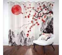 Sobhdga Lot de 2 Rideaux Style Japonais Peinture de Paysage, Rideau Occultant Fleurs de Cerisier, Thermique Isolant Anti Froid 70x260, Draperies Interieurs, Rideau a Oeillets pour Salon Chambre