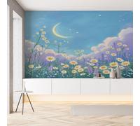 Sobhdga Marguerite Fleurs Naturel Papier Peint Adhesif Mural, Nuage Lune Dessin Animé Papier Adhesif pour Meuble, Revêtement Mural Décoratif Impermeable, Pour Cuisine Salle de Bains, 430x300