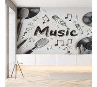 Sobhdga Notes de Musique Microphone Papier Peint Adhesif Mural, Motif Musical Noir et Blanc Papier Adhesif pour Meuble, Revêtement Mural Décoratif Impermeable, Pour Cuisine Salle de Bains, 100x100