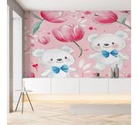 Sobhdga Ours Dessin Animé Mignon Papier Peint Adhesif Mural, Tulipe Pastel Floral Papier Adhesif pour Meuble, Revêtement Mural Décoratif Impermeable, Pour Cuisine Salle de Bains, 100x100