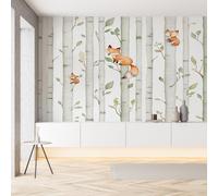 Sobhdga Papier Peint Naturel Arbre Bouleau 100x70, Dessin Animé Renard Papier Peint Adhesif Mural, Film Autocollant Meuble Décoratif, Rouleau Autocollant pour Chambre Salon