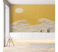 Sobhdga Papier Peint Panoramique Boho Japonais Vagues Soleil 450x315, Minimaliste Abstrait Art Papier Peint Autocollant Amovible Pour Salon Decoration Murale, Rouleau Adhesif pour Meuble