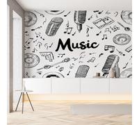 Sobhdga Papier Peint Panoramique Musical Dessiné a la Main 300x210, Notes de Musique Microphone Papier Peint Autocollant Amovible Pour Salon Decoration Murale, Rouleau Adhesif pour Meuble