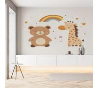 Sobhdga Papier Peint Panoramique Ours Girafe Arc-en-Ciel Étoiles 250x175, Animaux de Dessin Animé Papier Peint Autocollant Amovible Pour Salon Decoration Murale, Rouleau Adhesif pour Meuble