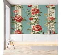 Sobhdga Papier Peint Panoramique Rose Rouge Fleurs Rétro 250x175, Floral Plantes Feuilles Vertes Papier Peint Autocollant Amovible Pour Salon Decoration Murale, Rouleau Adhesif pour Meuble