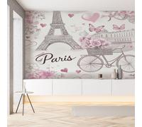 Sobhdga Papier Peint Panoramique Tour Eiffel Vélo Floral Papillon 300x210, Paris Romantique Papier Peint Autocollant Amovible Pour Salon Decoration Murale, Rouleau Adhesif pour Meuble