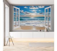 Sobhdga Papier Peint Paysage Marin Vue la Fenêtre 200x140, Océan Plage Papier Peint Adhesif Mural, Film Autocollant Meuble Décoratif, Rouleau Autocollant pour Chambre Salon