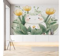 Sobhdga Papier Peint Tulipe Chat Dessin Animé 400x280, Floral Plantes Papier Peint Adhesif Mural, Film Autocollant Meuble Décoratif, Rouleau Autocollant pour Chambre Salon