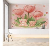 Sobhdga Papier Peint Tulipe Pétale Fleurs Aquarelle 100x70, Ours Floral Mignon Papier Peint Adhesif Mural, Film Autocollant Meuble Décoratif, Rouleau Autocollant pour Chambre Salon