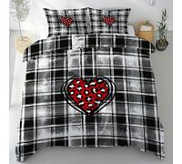 Sobhdga Parure de Lit Carré Cœur Rouge Amour, Housse de Couette Géométrique Blanc Noir Réversible 220x240 2 Personnes Microfibre Douce avec Fermeture Éclair avec 2 Taies d'oreiller