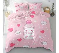 Sobhdga Parure de Lit Cat Mignon Kawaii Amour Réversible en Microfibre Douce, Housse de Couette Saint Valentin Romantique 140x190 avec Fermeture Éclair 2 Pièces avec 1 Taie d'oreiller