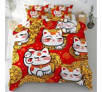 Sobhdga Parure de Lit Chat Porte-Bonheur Mignon, Housse de Couette Style Japonais Réversible 220x240 2 Personnes Microfibre Douce avec Fermeture Éclair avec 2 Taies d'oreiller
