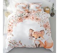 Sobhdga Parure de Lit Dessin Animé Animal Renard Réversible en Microfibre Douce, Housse de Couette Floral Feuilles 140x190 avec Fermeture Éclair 2 Pièces avec 1 Taie d'oreiller
