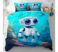 Sobhdga Parure de Lit Dessin Animé Robot Réversible en Microfibre Douce, Housse de Couette Monde sous-Marin 140x190 avec Fermeture Éclair 2 Pièces avec 1 Taie d'oreiller