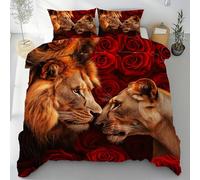 Sobhdga Parure de Lit Lion Couple Animaux Sauvage, Housse de Couette Rose Rouge Romantique Réversible 220x240 2 Personnes Microfibre Douce avec Fermeture Éclair avec 2 Taies d'oreiller