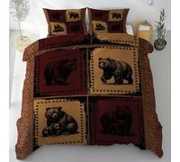 Sobhdga Parure de Lit Ours Vintage Carreaux Réversible en Microfibre Douce, Housse de Couette Animaux Sauvage 140x190 avec Fermeture Éclair 2 Pièces avec 1 Taie d'oreiller