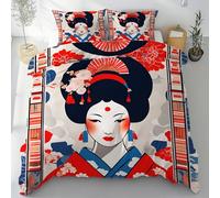 Sobhdga Parure de Lit Style Japonais Femme Japonaise Réversible en Microfibre Douce, Housse de Couette Geisha Kimono Floral Japon 140x190 avec Fermeture Éclair 2 Pièces avec 1 Taie d'oreiller