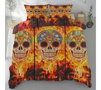 Sobhdga Parure de Lit Sugar Skull Flamme Gothique Réversible en Microfibre Douce, Housse de Couette Squelette Crâne Tête De Mort 140x190 avec Fermeture Éclair 2 Pièces avec 1 Taie d'oreiller