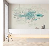 Sobhdga Poisson de Dessin Animé Papier Peint Adhesif Mural, Traditionnel Style Chinois Oriental Papier Adhesif pour Meuble, Revêtement Mural Décoratif Impermeable, Pour Cuisine Salle de Bains, 100x100