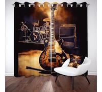 Sobhdga Rideau Guitare Instrument Musique Rétro Rideau Occultant Thermique Isolant Anti Froid, Rideaux Batterie Thème Musical Draperies Interieurs a Oeillets pour Chambre, 140l X 240h, Lot de 2