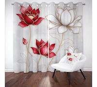 Sobhdga Rideau Lotus Blanc Rouge Rideau Occultant Thermique Isolant Anti Froid, Rideaux Luxe Chic Motif Floral Draperies Interieurs a Oeillets pour Salon, 140l X 225h, Lot de 2