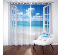 Sobhdga Rideau Plage Paysage Marin Océan Rideau Occultant Thermique Isolant Anti Froid, Rideaux Paysage de Bord de Mer Draperies Interieurs a Oeillets pour Chambre, 140l X 240h, Lot de 2