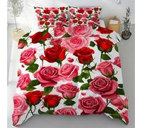 Sobhdga Rouge Rose Rose Motif Fleurs Housse de Couette 240x260, Fleurs Romantique Parure de Lit Réversible en Microfibre Douce avec Fermeture Éclair 2 Pièces avec 2 Taies d'oreiller
