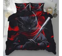 Sobhdga Style Japonais Chat Imprimé Housse de Couette 200x200 Réversible, Asiatique Oriental Samouraï Parure de Lit en Microfibre Douce 2 Personnes avec Fermeture Éclair avec 2 Taies d'oreiller