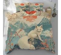 Sobhdga Style Japonais Dessin Animé Renard Housse de Couette 140x200, Fleurs de Cerisier Parure de Lit Réversible 1 Personne en Microfibre Douce avec Fermeture Éclair avec 1 Taie d'oreiller