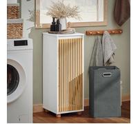SoBuy Armoire à Linge 32x33x85 cm, Meuble Salle de Bain avec Panier à Linge Amovible en Bambou et MDF, Blanc BZR126-W