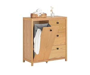 SoBuy Armoire à Linge avec Sac à Linge, Meuble Bas de Salle de Bain, Commode pour Salle de Bain, Armoire Toilette avec 3 Tiroirs et 1 Panier à Linge, Naturel, 80x35x90 cm, BZR97-N