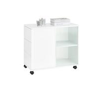 SoBuy Armoire de Rangement Mobile avec roulettes, Table de Chevet/Table d'Appoint 3 Tiroirs & 2 Portes Coulissantes Verre, Meuble Blanc pour Salon et Chambre, 70x35x61cm FBT141-W