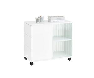 SoBuy Armoire de Rangement Mobile avec roulettes, Table de Chevet/Table d'Appoint 3 Tiroirs & 2 Portes Coulissantes Verre, Meuble Blanc pour Salon et Chambre, 70x35x61cm FBT141-W