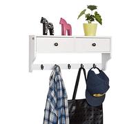 SoBuy Armoire Murale avec 2 tiroirs 60x14x27cm pour entrée | Porte-manteau mural avec 5 crochets, MDF laqué blanc, charge 22,5kg, emballage recyclable FRG178-W