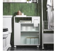 SoBuy Armoire WC Roulante avec Support Papier, Meuble Salle de Bain Compact à 2 Portes Coulissantes, 60x20x71 cm, BZR117-W