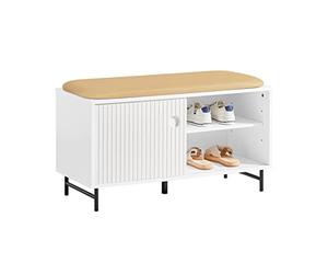 SoBuy Banc à Chaussures, Banc de Rangement, Meuble Bas Entrée sur Pieds avec Assise Coussin Rembourré, Meuble à Chaussures avec 2 Portes Coulissantes et 4 Étagères, 85 x 37 x 49 cm, Blanc, FSR116-W