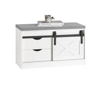 SoBuy Banc à Chaussures, Meuble d'entrée, Banc de Rangement, Meuble à Chaussures avec Coussin Rembourré, 2 Tiroir, 2 Étagères et Porte de Grange, 80 x 30 x 49 cm, FSR153-W