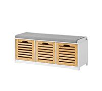 SoBuy Banc Chaussures avec 3 paniers 105x35x43cm pour entrée | Meuble d'entrée avec coussin rembourré, 3 paniers amovibles, MDF et bambou, charge 120kg, blanc+naturel FSR23-WN
