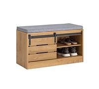 SoBuy Banc Chaussures avec Porte de Grange 80x35x48cm pour entrée | Meuble de rangement à chaussures avec porte coulissante, coussin rembourré, charge 150kg, naturel FSR120-N