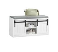 SoBuy Banc Chaussures avec Porte de Grange 90x35x46cm pour entrée | Étagère à chaussures avec 6 compartiments, MDF E1, coussin rembourré, charge 200kg, blanc FSR133-K-W