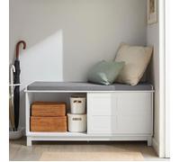 SoBuy Banc Chaussures Rembourré - Meuble Chaussures Entrée avec 2 Porte Coulissantes, Rangement Caché et Commode à Chaussures - Banquette Confortable en Bois, 114x40x53 cm, Capacité 120 kg, FSR86-W