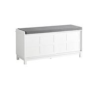 SoBuy Banc Chaussures Rembourré - Meuble Chaussures Entrée avec 2 Porte Coulissantes, Rangement Caché et Commode à Chaussures - Banquette Confortable en Bois, 114x40x53 cm, Capacité 120 kg, FSR86-W