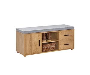 SoBuy Banc de Rangement à Chaussure, Banc à Chaussures, Meuble d'entrée Meuble de Rangement avec Coussin rembourré, 2 Compartiments, 1 Porte et 2 tiroirs, Naturel, 110 x 35 x 47 cm, FSR148-N