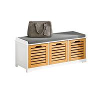 SoBuy Banc de Rangement avec 3 Cubes 105x35x43cm pour entrée | Meuble d'entrée avec coussin rembourré, 3 paniers amovibles, MDF et bambou, charge 120kg FSR23-WN