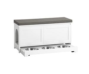 SoBuy Banc de Rangement Banc à Chaussures avec 2 Portes et 3 Bols Intégrés Maison en Bois pour Chat avec Accès Latéral Meuble Litière Chat Meuble Bas Entrée avec Coussin, 90x36x44 cm, Blanc, FSR136-W