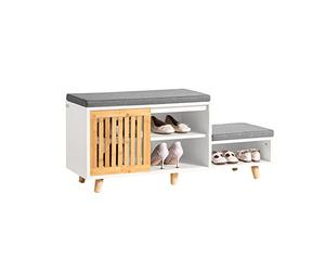 SoBuy Banc de Rangement Banc à Chaussures avec Coussins Rembourrés Meuble Bas Entrée sur Pieds avec 1 Porte Coulissante et 3 Compartiments pour Entrée, Salon, Chambre à Coucher 101x35x46 cm, FSR125-WN