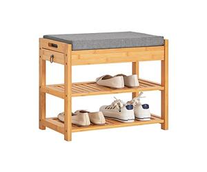 SoBuy Banc de Rangement Chaussures 3-en-1 en Bambou Massif avec Tiroir Secret + Siège Rembourré, pour Entrée Étroite/Dressing, L55xP30xH46cm, Naturel, FSR49-N